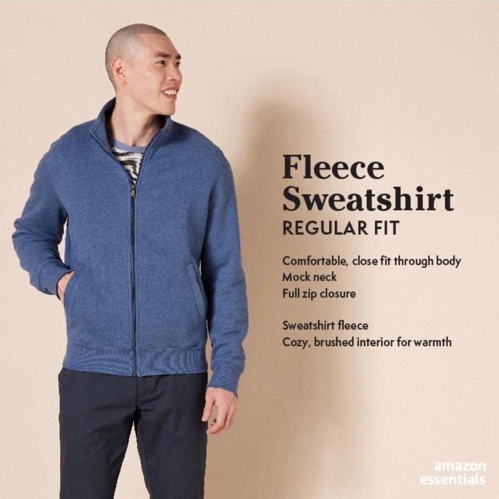 NWT Amazon Essentials Men's Full-Zip Fleece Mock Neck Sweatshirt